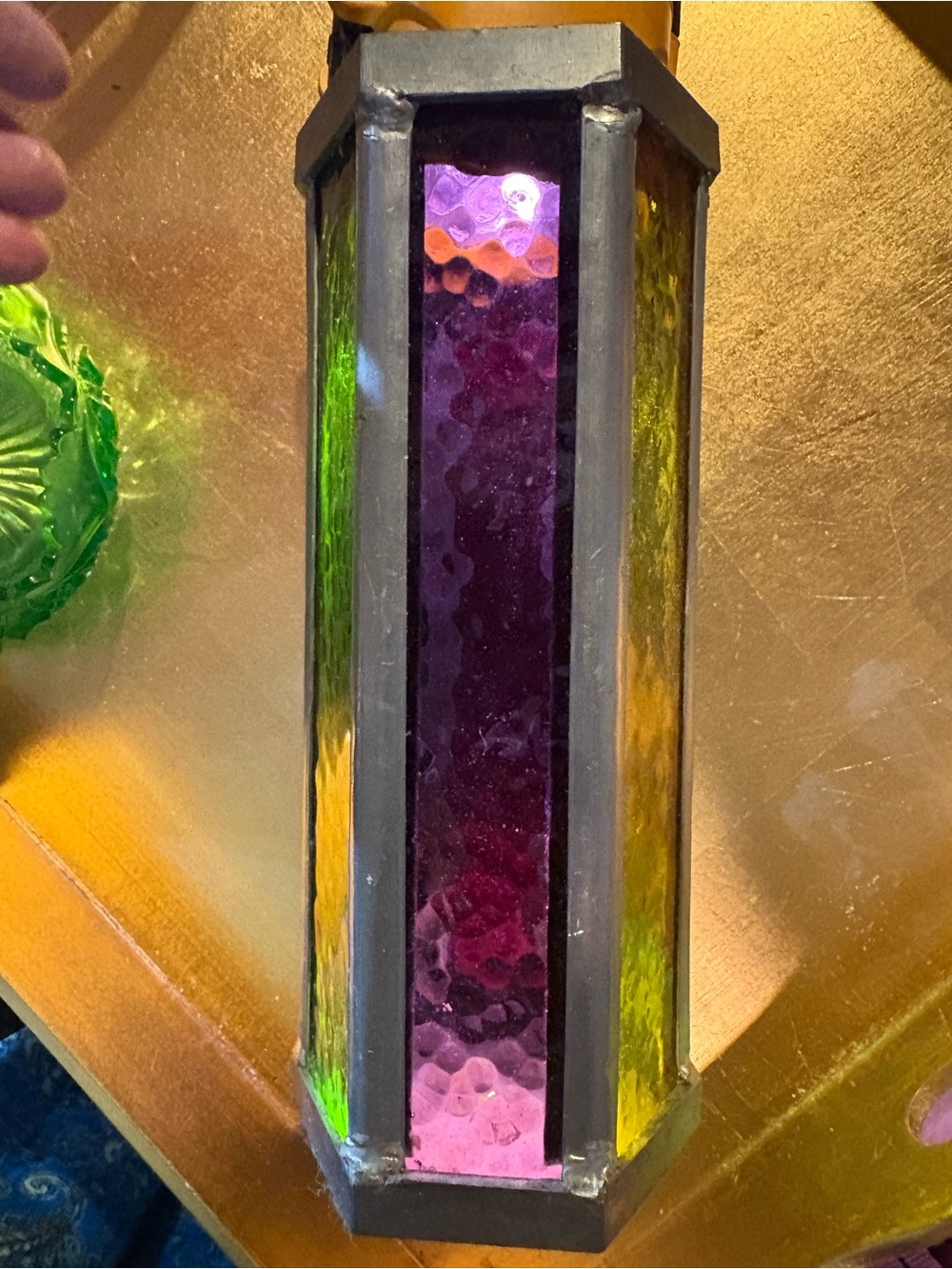 Vintage Multicolor Hexagonal Stained Glass 10”Candle Holder